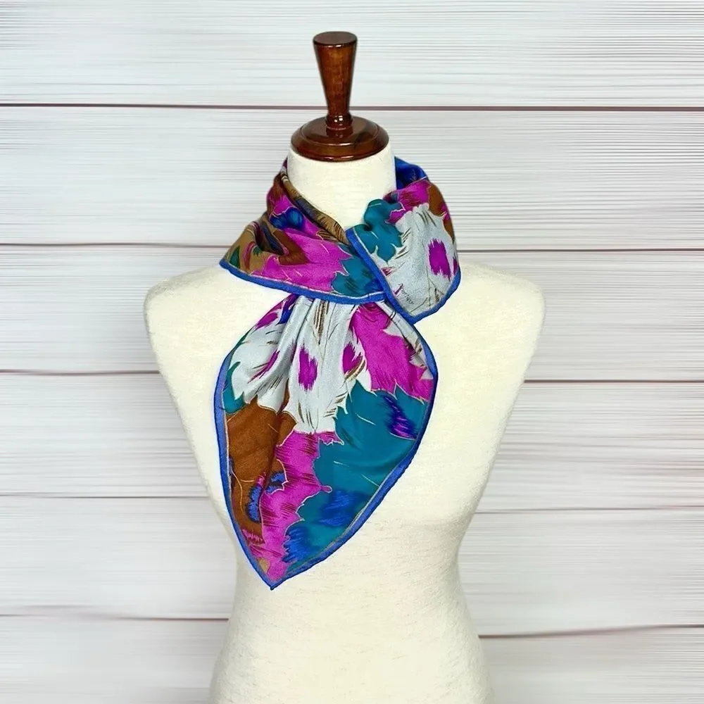 Albert Nipon for XIIX KARAT Silk Square Scarf Blue Magenta Tan Floral Vintage